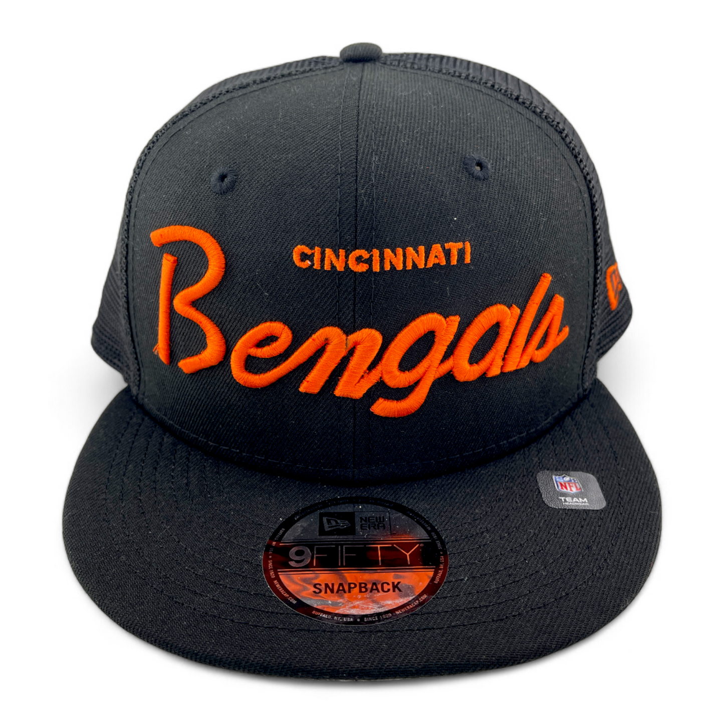 New Era Cincinnati Bengals NFL Script Logo 9FIFTY Mesh Back Snapback Hat Cap
