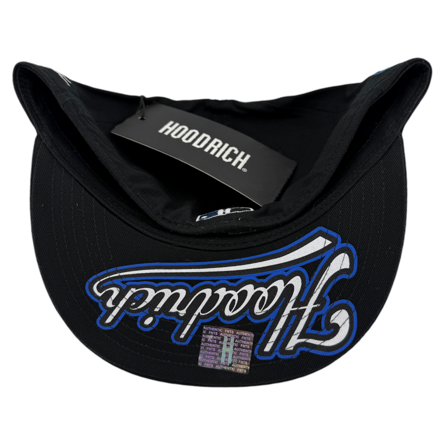 Hoodrich OG Stadium V2 Logo UV Full Patches Black/Blue Fitted Flatbill Hat Cap