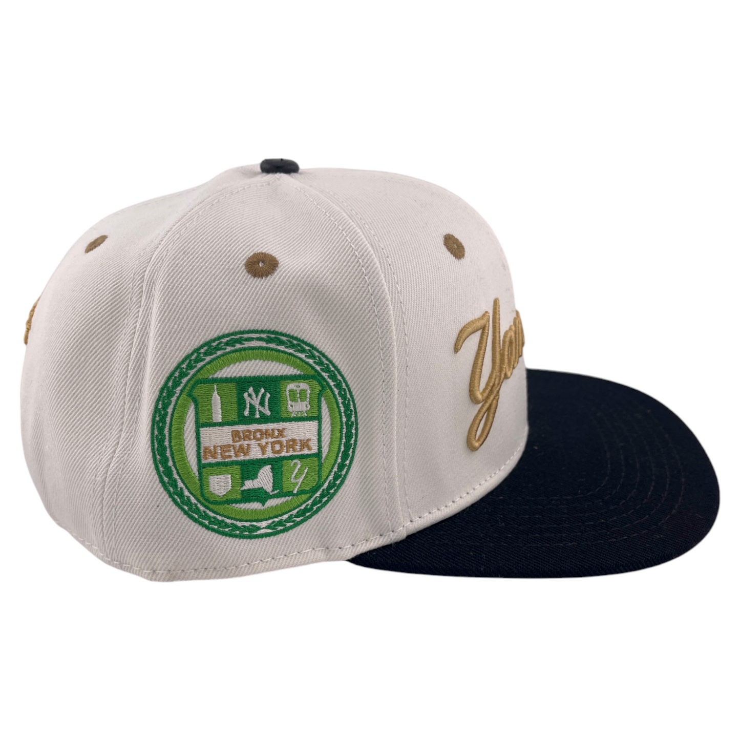 Pro Standard New York Yankees MLB Script Logo Side Patch Ivory/Gold Snapback Hat Cap