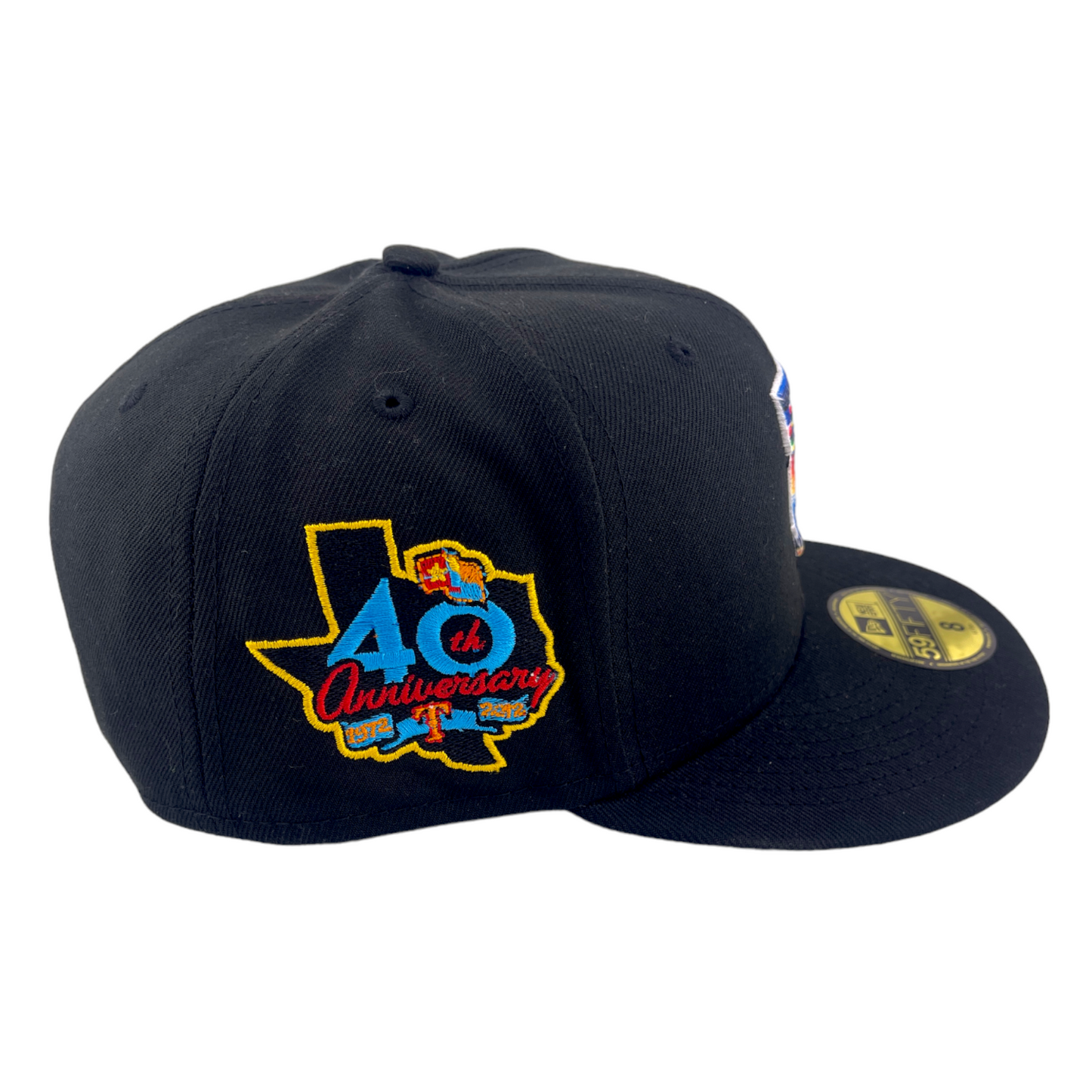 New Era Texas Rangers 40th Patch Black Woven Blanket Logo UV 59FIFTY Fitted Hat Cap