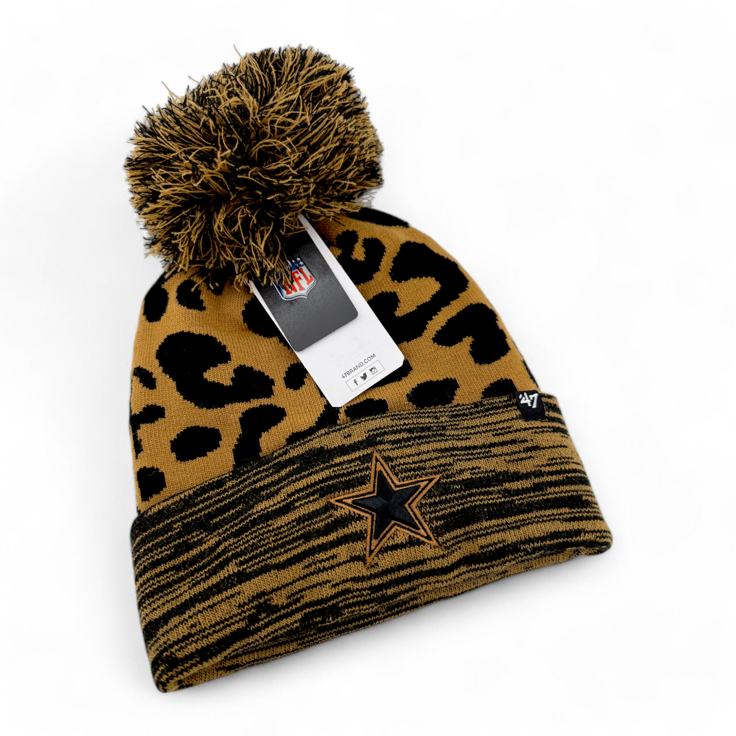 '47 Brand Dallas Cowboys NFL Rosette Leopard Camo Knit Cuffed Beanie Pom Cap Hat