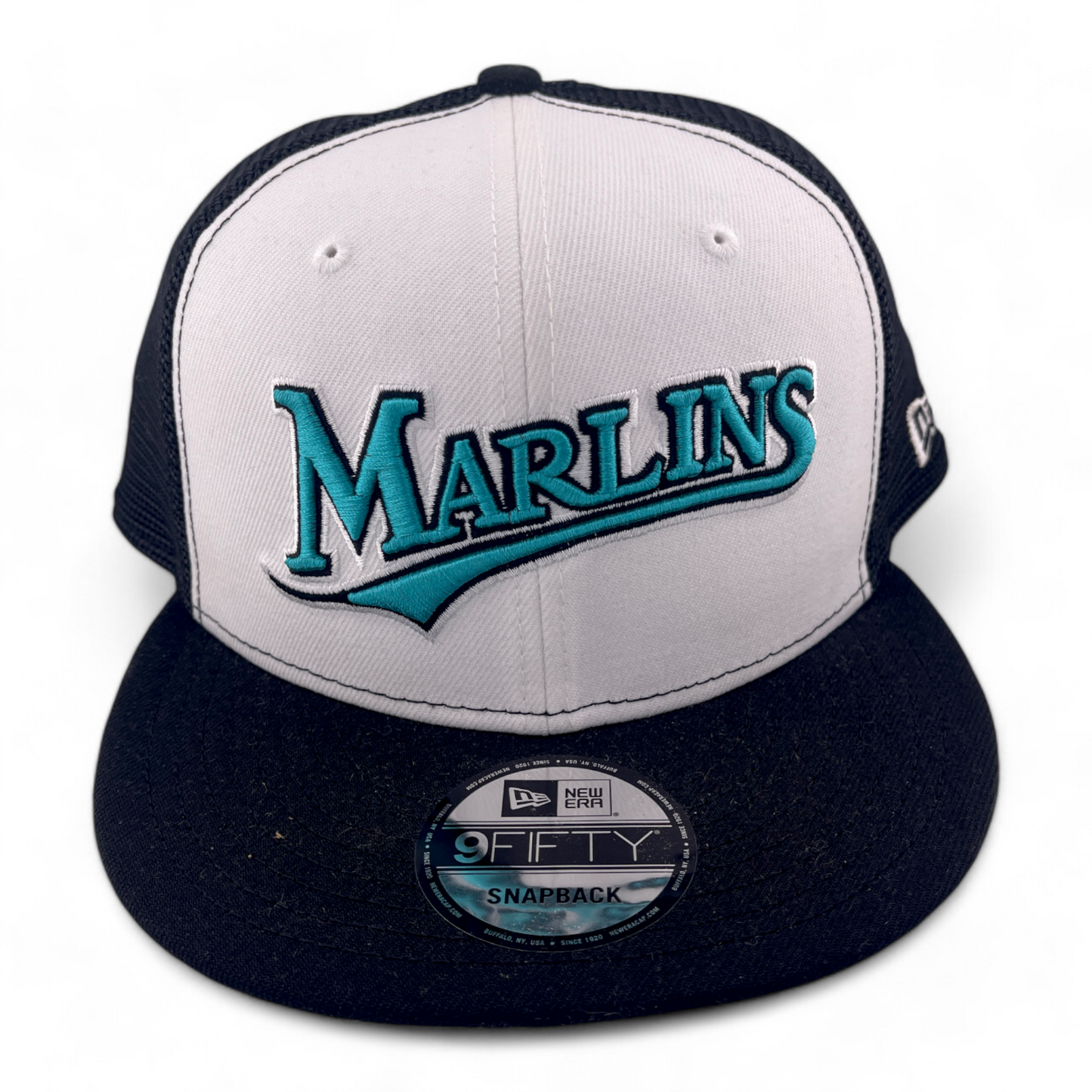 New Era Miami Marlins MLB White Front Script 9FIFTY Mesh Snapback Trucker Hat