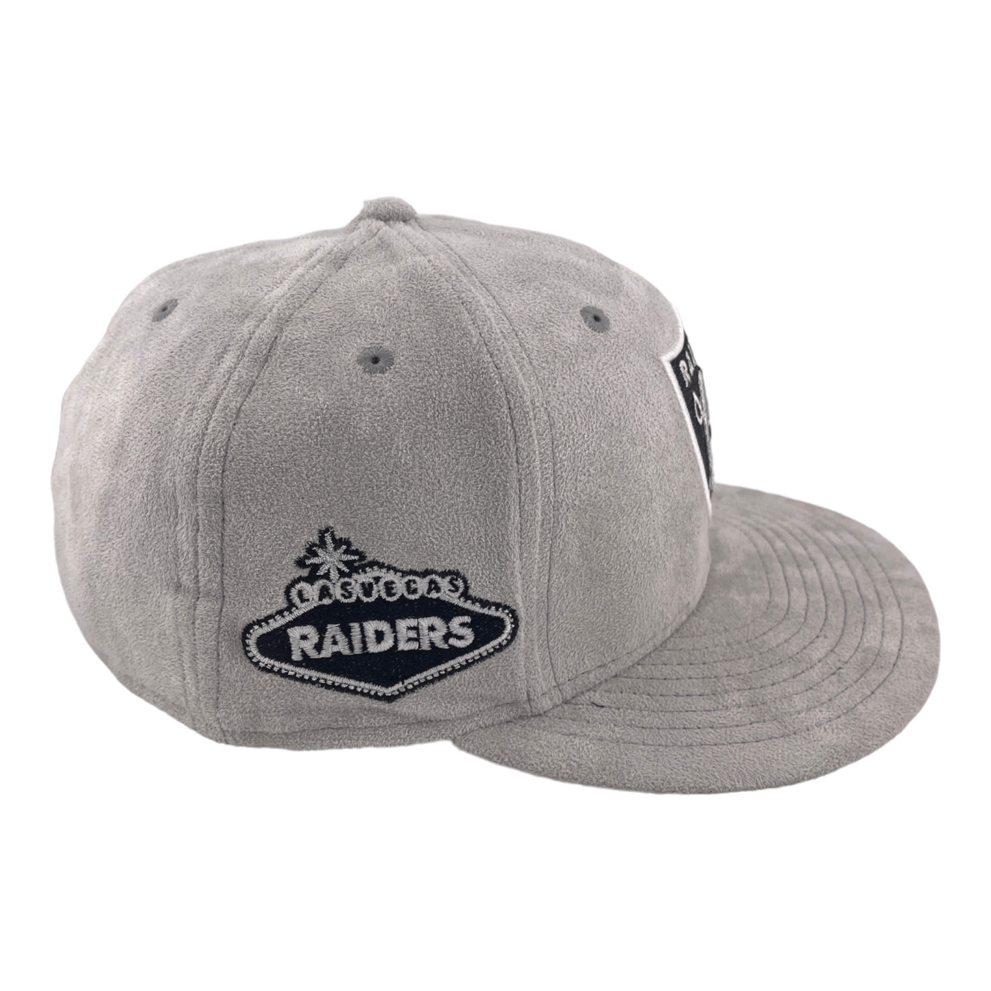 New Era Las Vegas Raiders Grey Metallic Suede Side Patch 59FIFTY Fitted Hat Cap