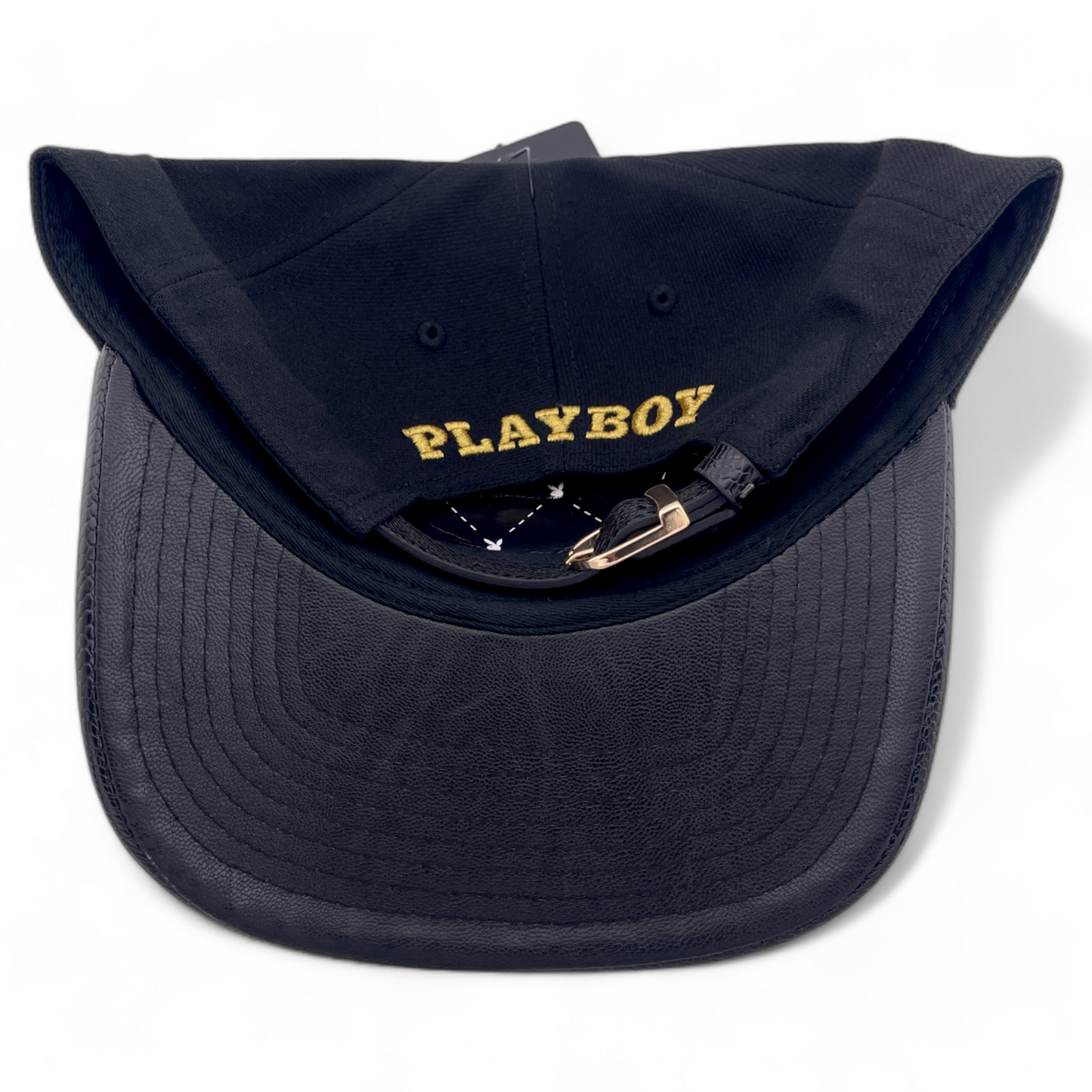 Playboy Premium Bunny Leather Bill Black/Gold Adjustable Snapback Hat Cap