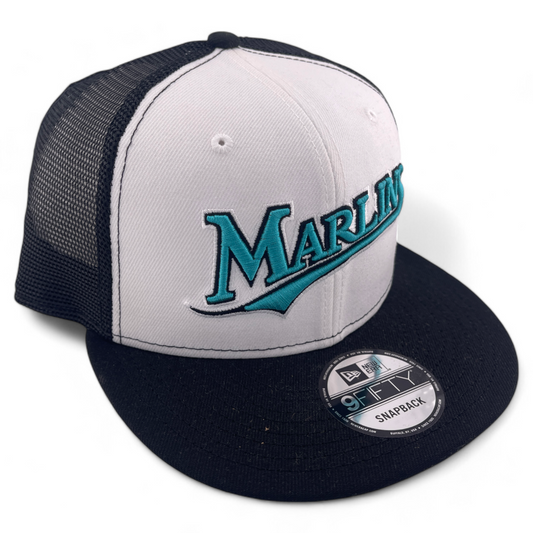 New Era Miami Marlins MLB White Front Script 9FIFTY Mesh Snapback Trucker Hat