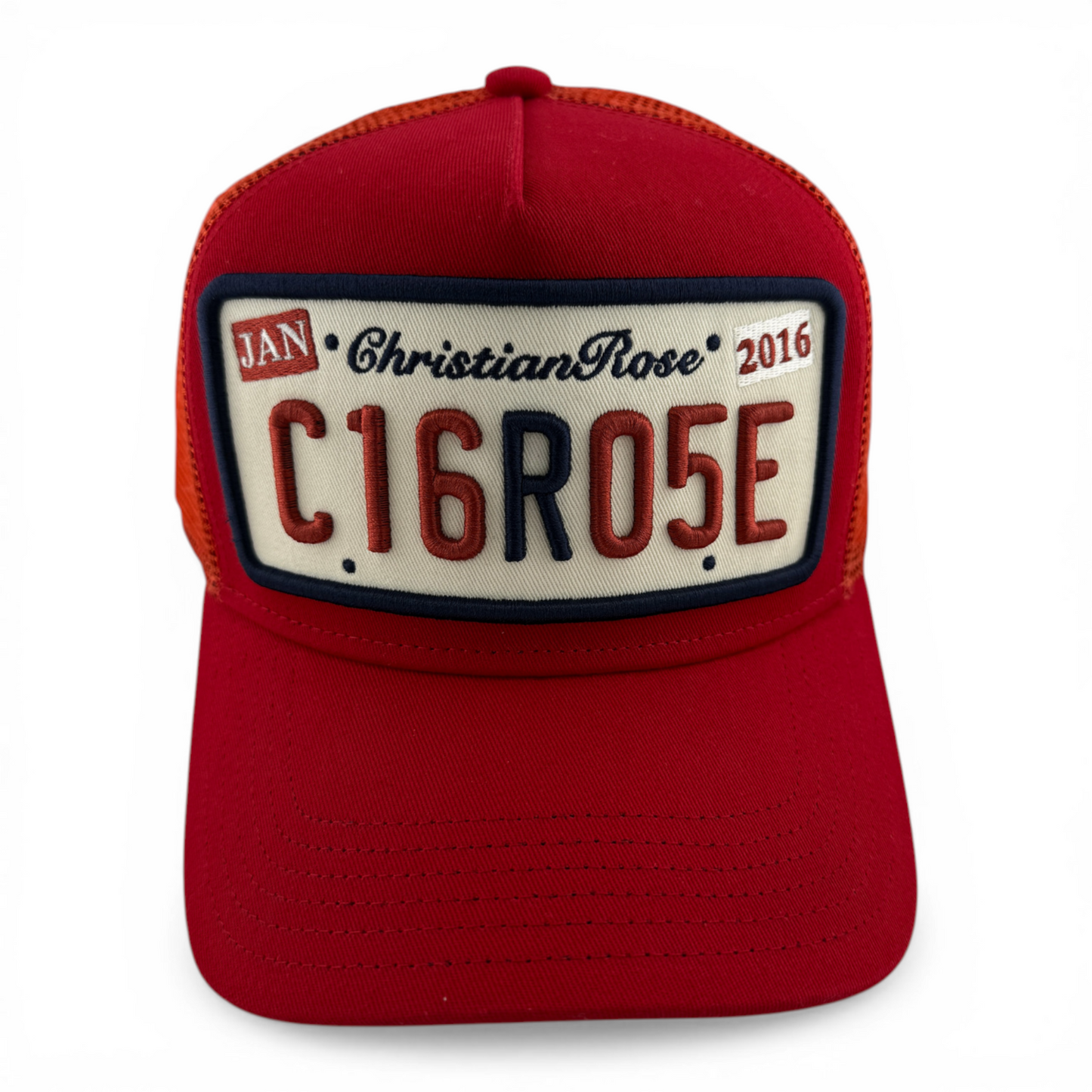Christian Rose Iconic II London Plate Red Mesh Back Trucker Adjustable Hat Cap