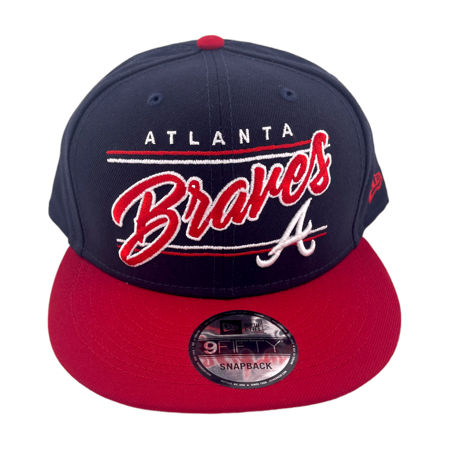 New Era Atlanta Braves Team Script Logo Navy Blue/Red/Grey 9FIFTY Snapback Hat