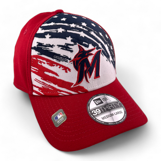 New Era Miami Marlins MLB 4th of July USA Flag 39Thirty Flex Fit Hat Cap M/L