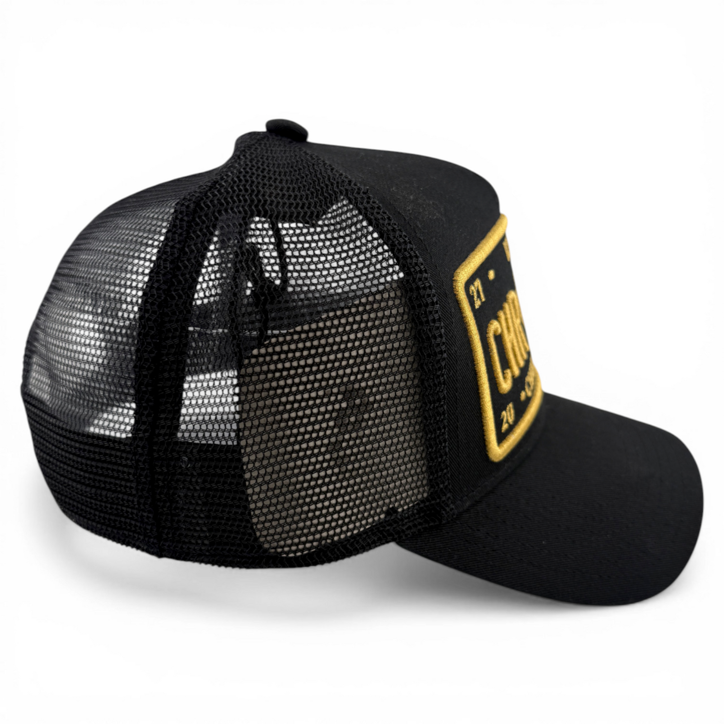 Christian Rose Iconic II London Plate Gold Trucker Mesh Back Adjustable Hat Cap