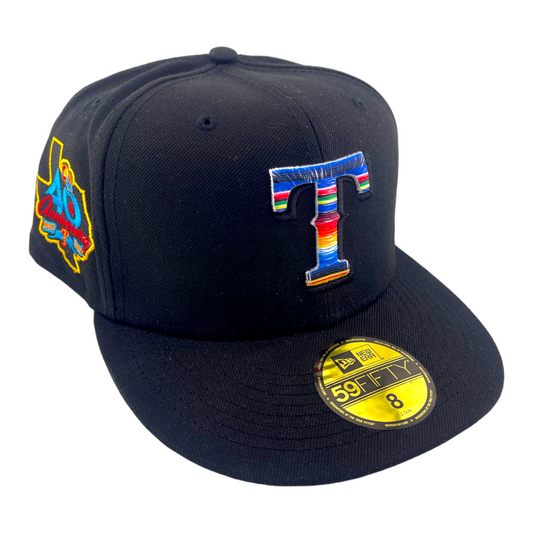 New Era Texas Rangers 40th Patch Black Woven Blanket Logo UV 59FIFTY Fitted Hat Cap