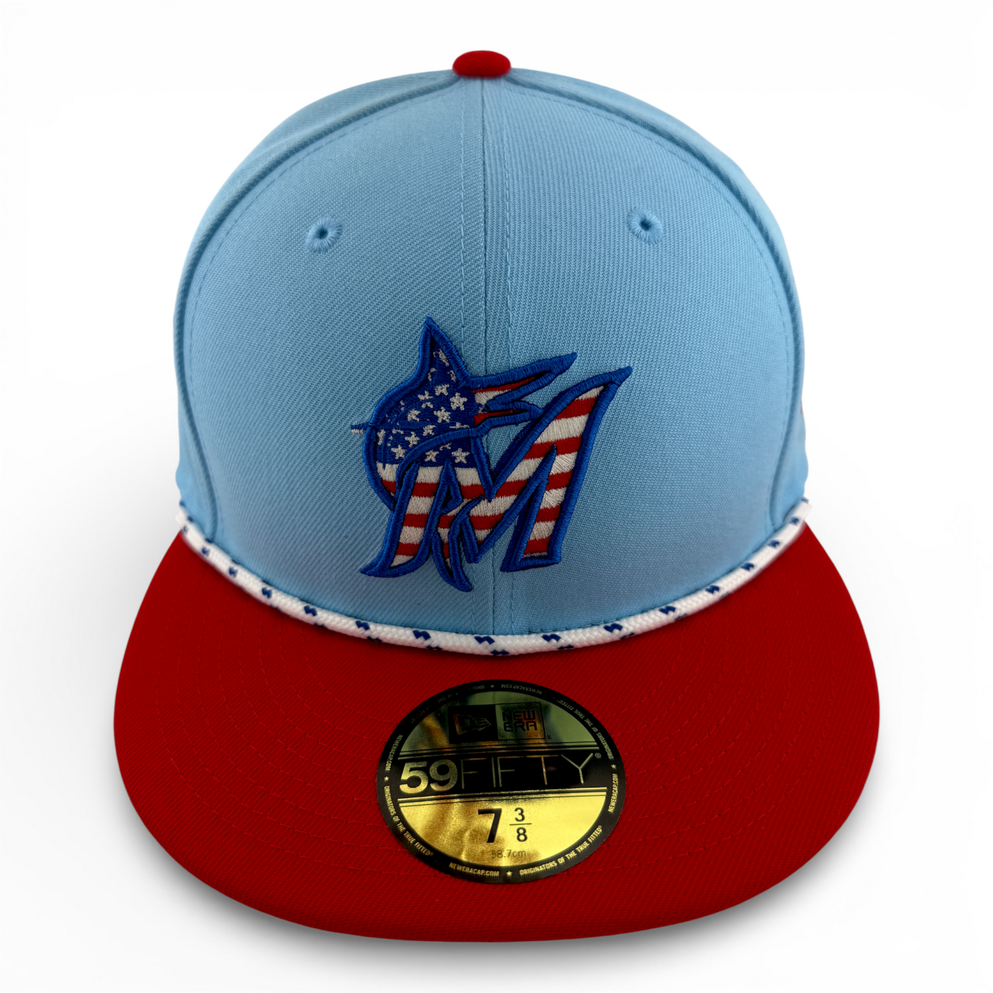 New Era Miami Marlins MLB 2025 4th of July USA Flag Rope 59Fifty Fitted Hat