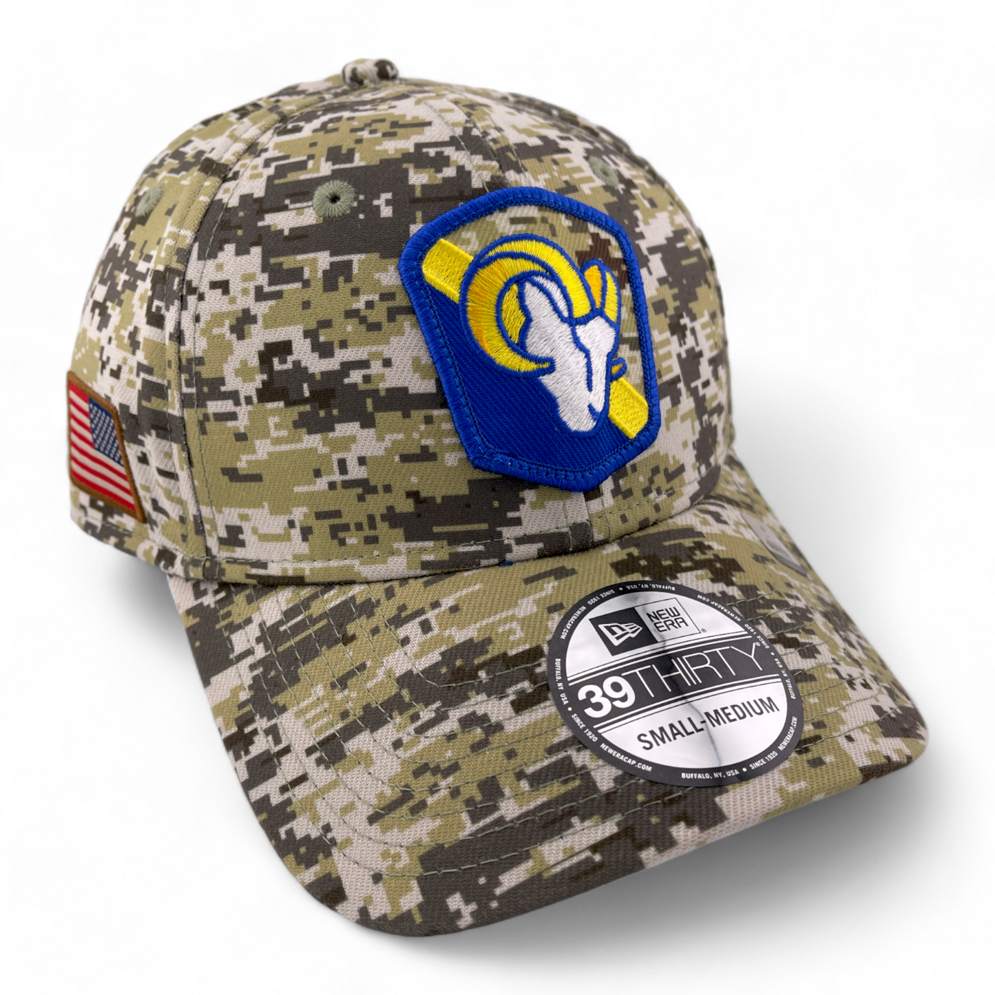 New Era Los Angeles Rams 2023 Salute to Service Camo NFL 39Thirty Flex Fit Hat Cap