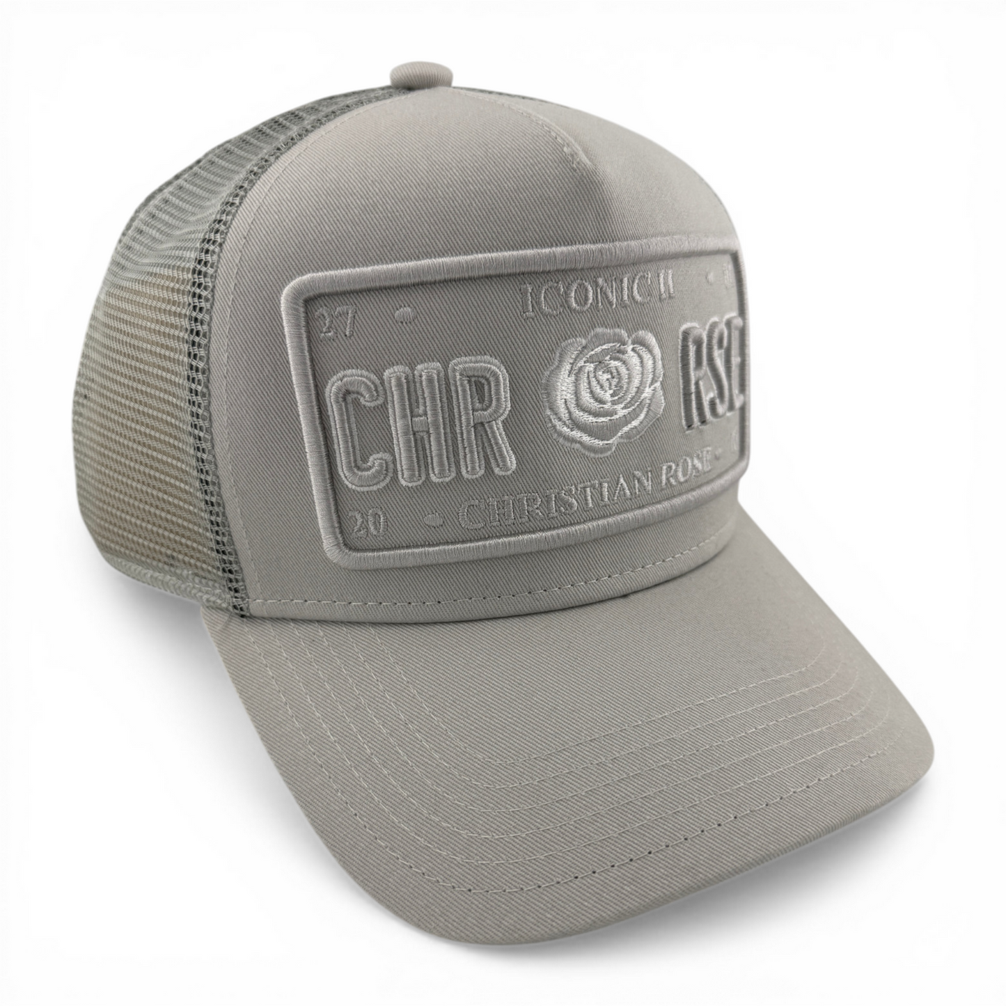 Christian Rose Iconic II London Plate Rose Grey Trucker Mesh Back Adjustable Hat