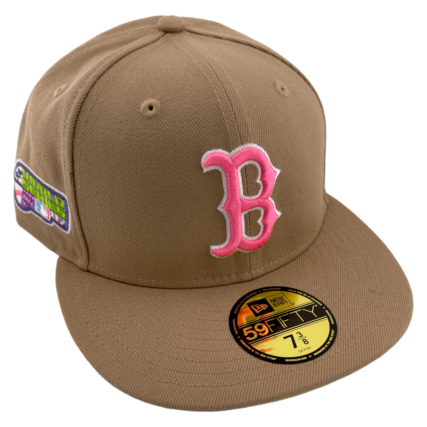 New Era Boston Red Sox MLB 2007 World Series Patch Khaki Pink 59Fifty Fitted Hat