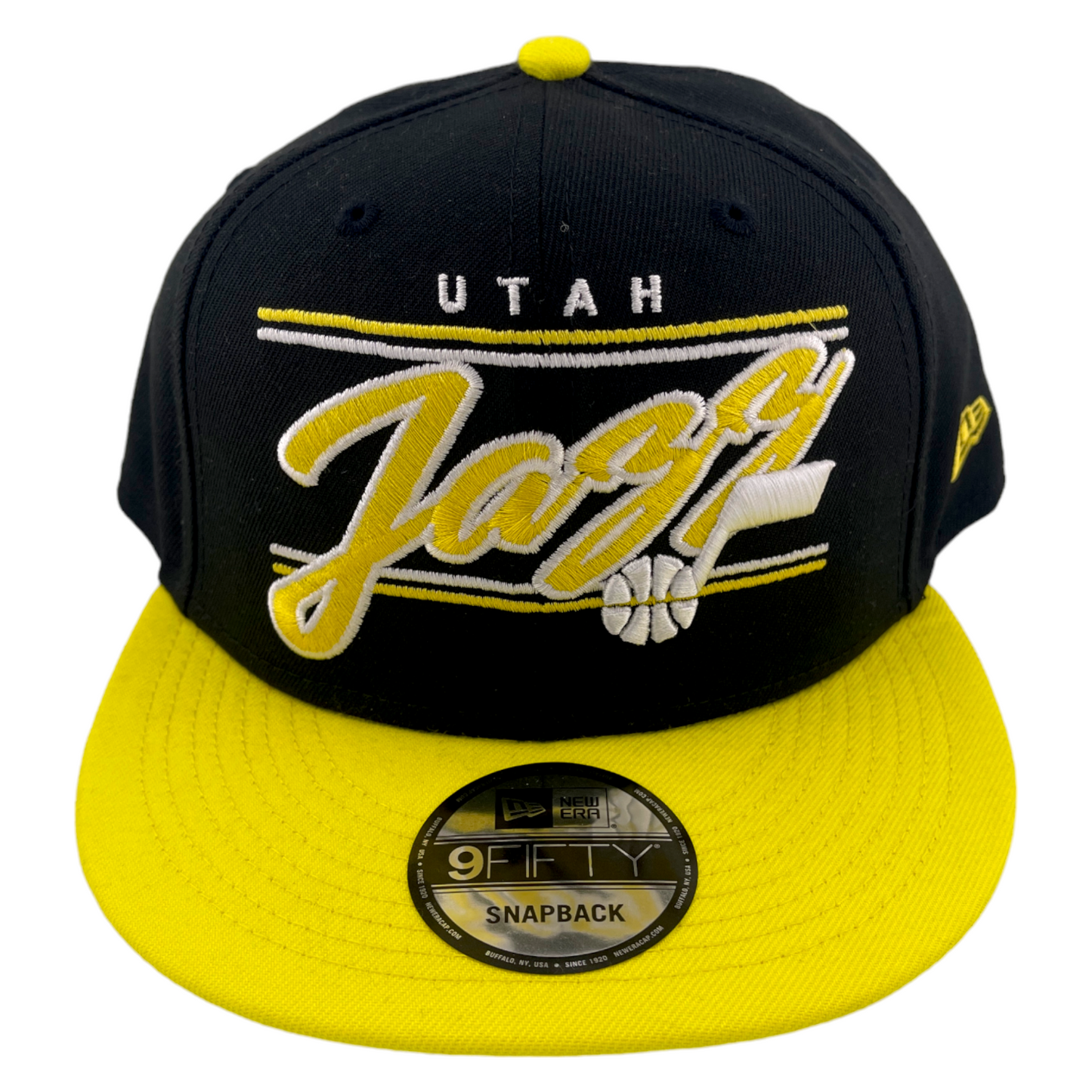 New Era Utah Jazz Team Script Logo Black/Yellow/Grey UV NBA 9FIFTY Snapback Hat Cap