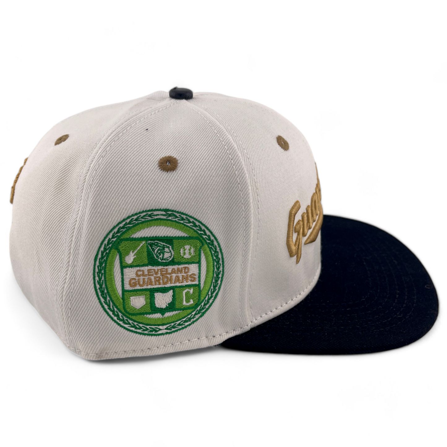 Pro Standard Cleveland Guardians Script Logo Side Patch Ivory/Gold Snapback Hat Cap