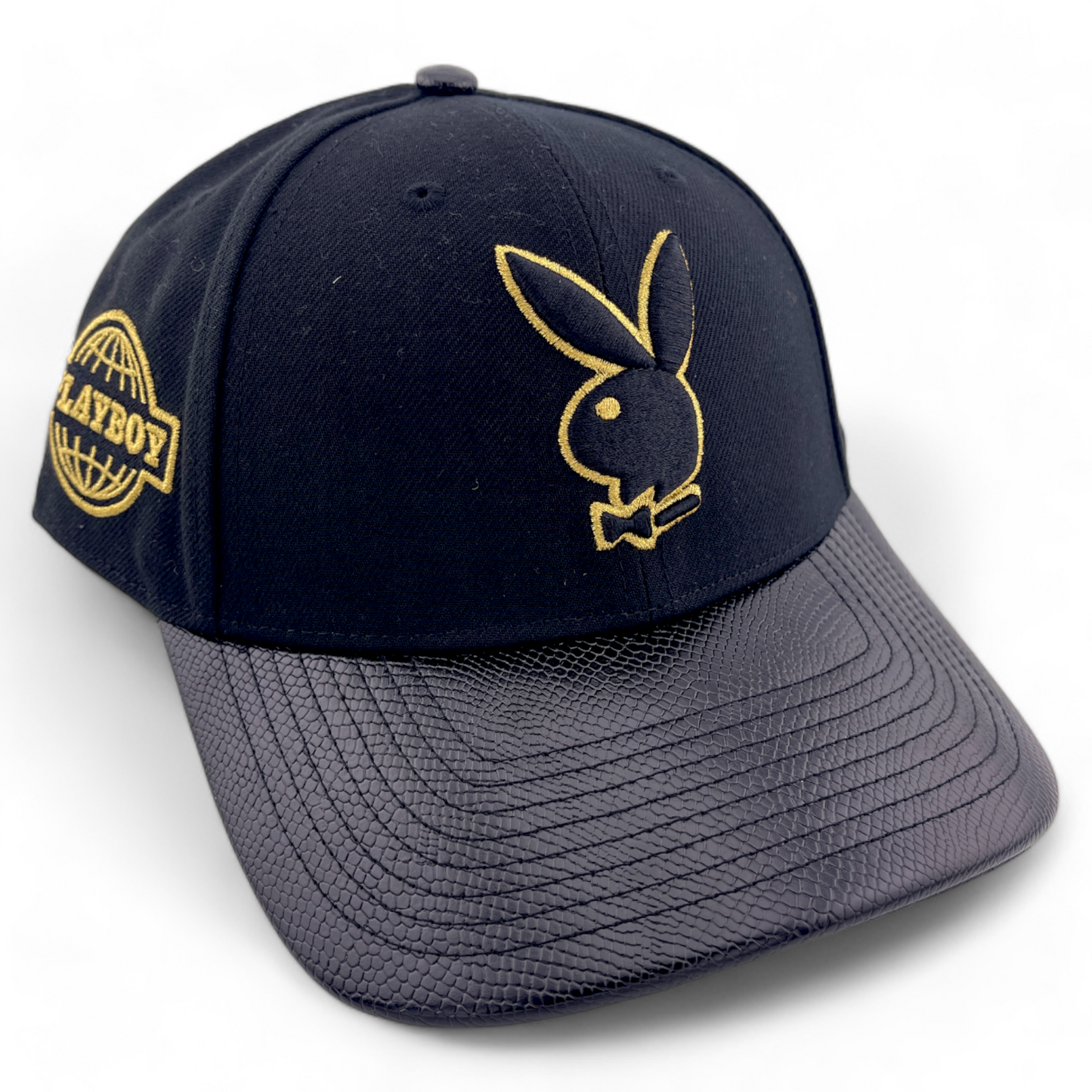 Playboy Premium Bunny Leather Bill Black/Gold Adjustable Snapback Hat Cap