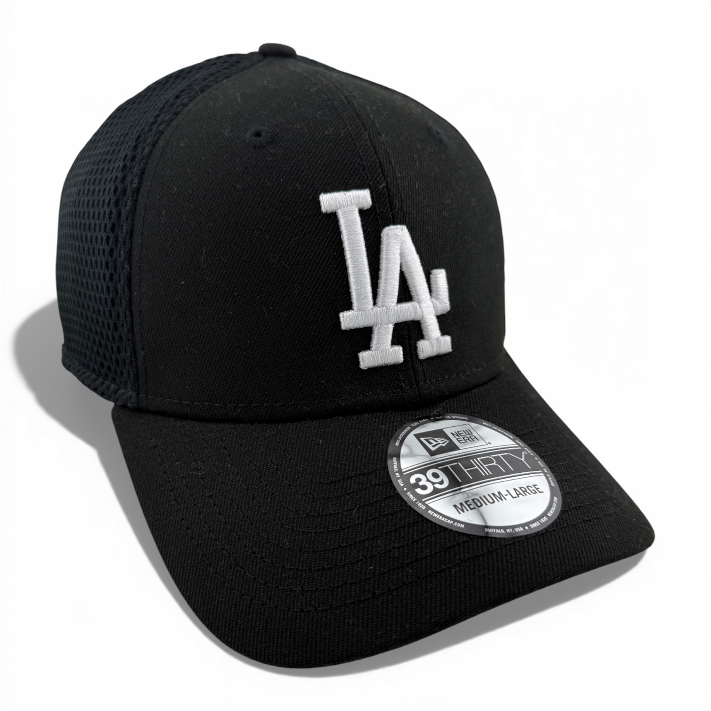New Era Los Angeles Dodgers MLB Black White Logo Neo Mesh 39Thirty Flex Fit Hat