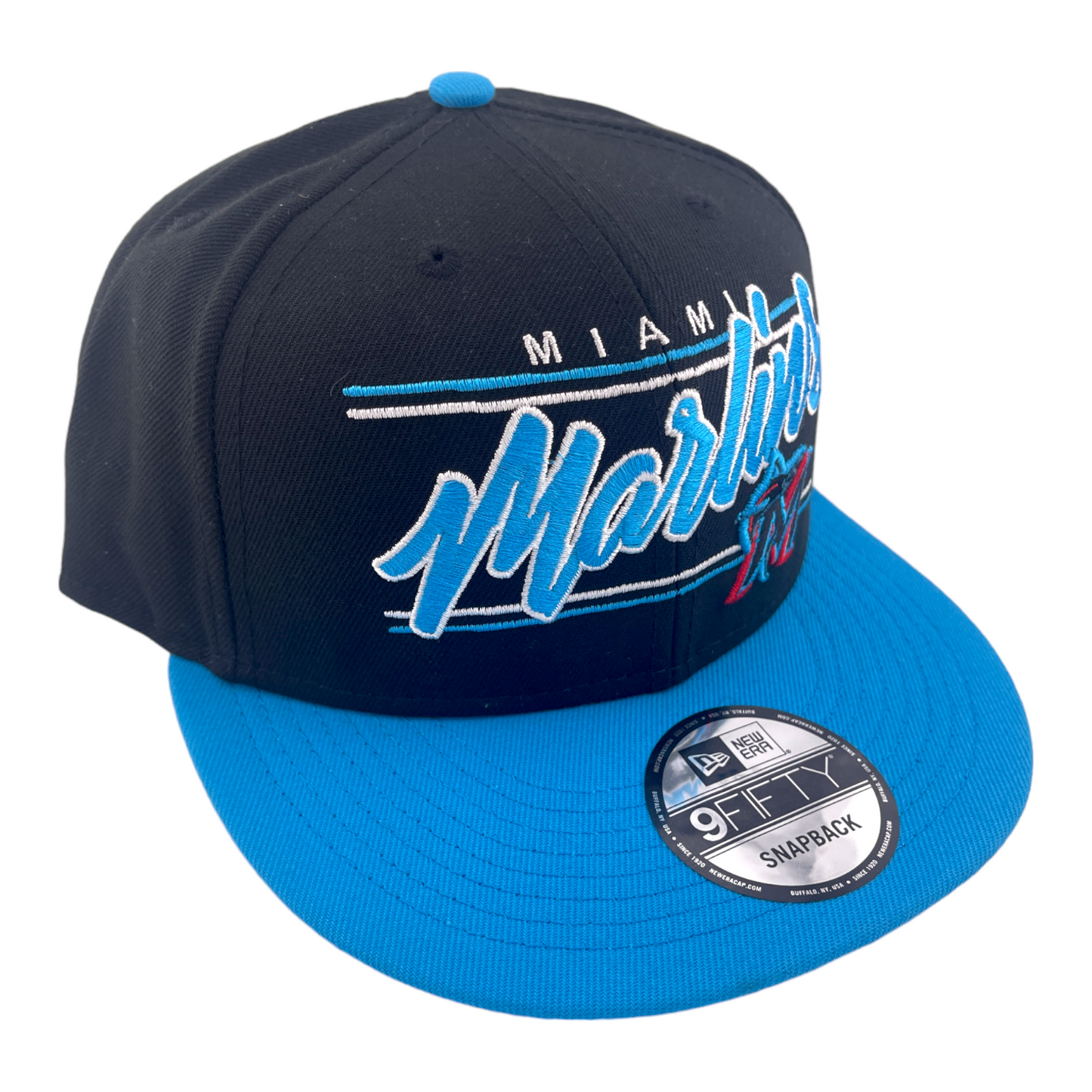 New Era Miami Marlins Team Script Logo Black/Blue/Grey UV 9FIFTY Snapback Hat Cap