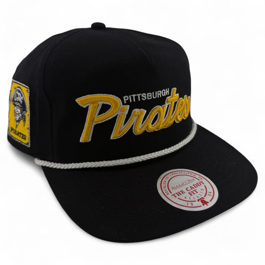 Mitchell & Ness Pittsburgh Pirates Script A-Frame Rope Golfer Caddy Fit Snapback