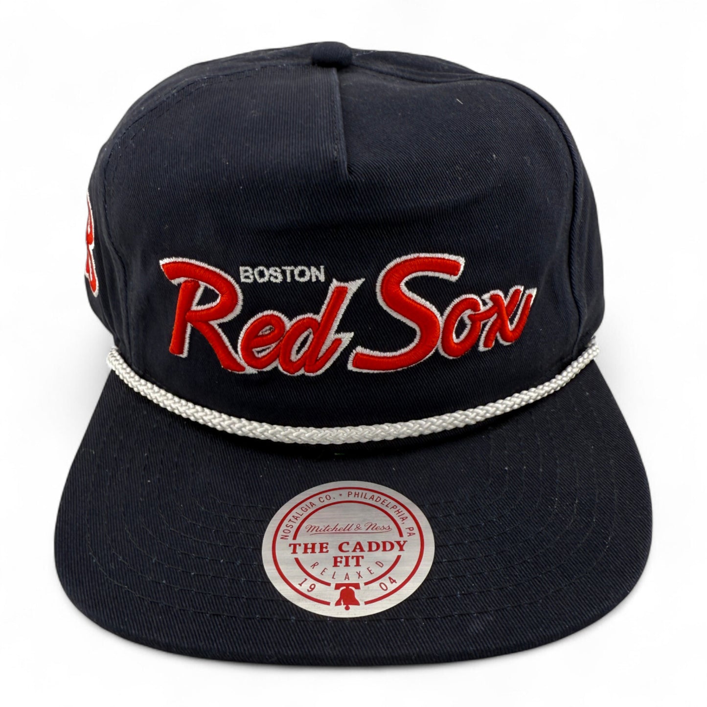 Mitchell & Ness Boston Red Sox Script A-Frame Rope Golfer Caddy Fit Snapback Hat
