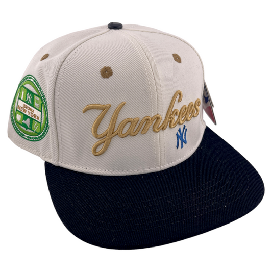 Pro Standard New York Yankees MLB Script Logo Side Patch Ivory/Gold Snapback Hat Cap