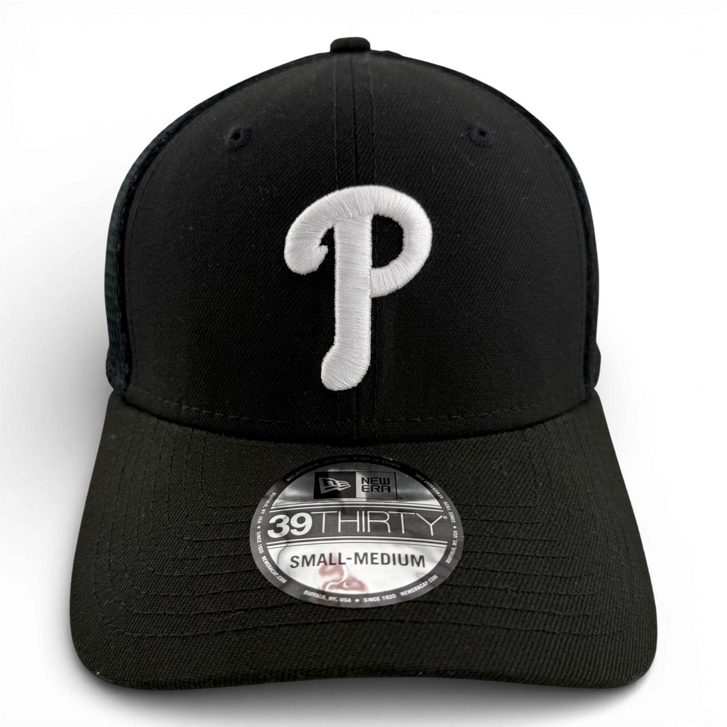 New Era Philadelphia Phillies Black White Logo Neo Mesh 39Thirty Flex Fit Ha