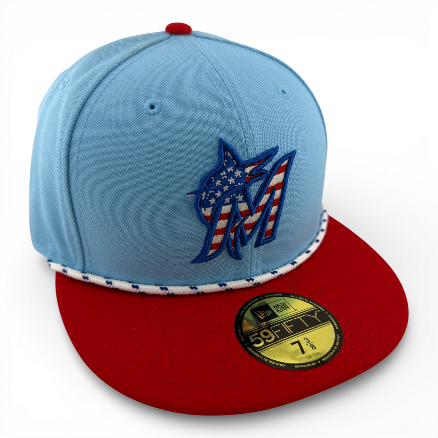 New Era Miami Marlins MLB 2025 4th of July USA Flag Rope 59Fifty Fitted Hat