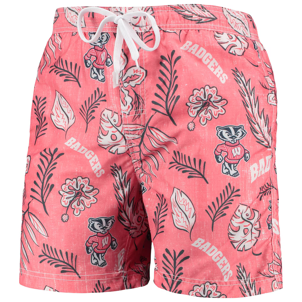 Wes & Willy University of Wisconsin Badgers Hawaiian Floral Volley Swim Trunks