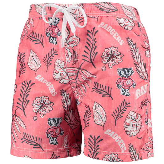 Wes & Willy University of Wisconsin Badgers Hawaiian Floral Volley Swim Trunks