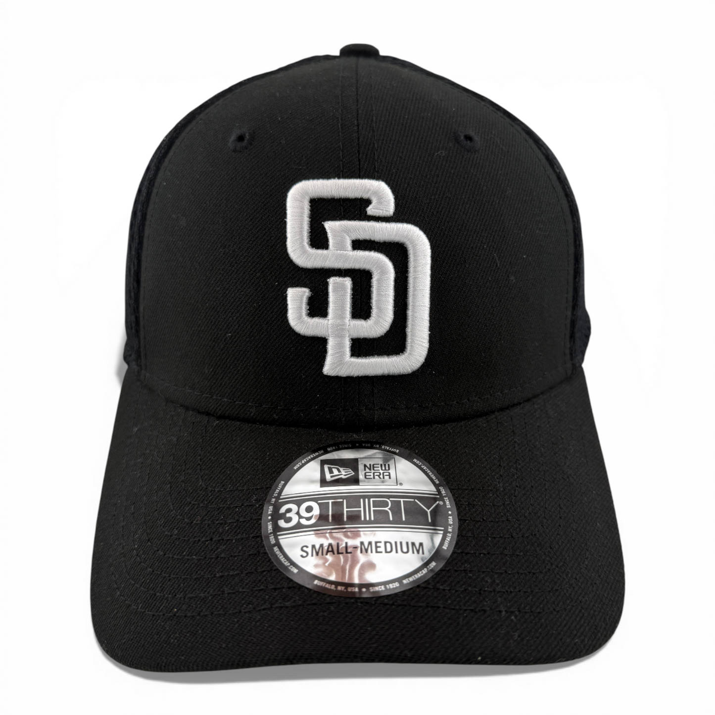New Era San Diego Padres MLB Black White Logo Neo Mesh 39Thirty Flex Fit Hat Cap