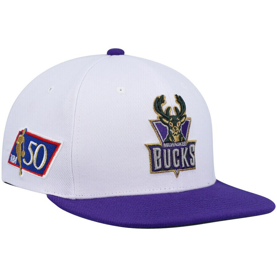 Mitchell & Ness Milwaukee Bucks NBA 50th Anniversary Patch White Snapback Hat