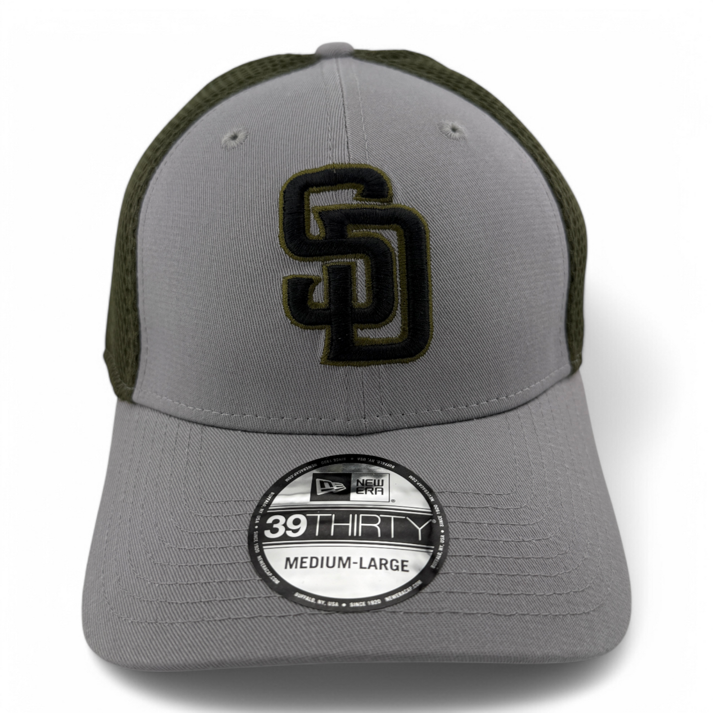 New Era San Diego Padres MLB Grey/Olive Green Neo Mesh 39Thirty Flex Fit Hat Cap