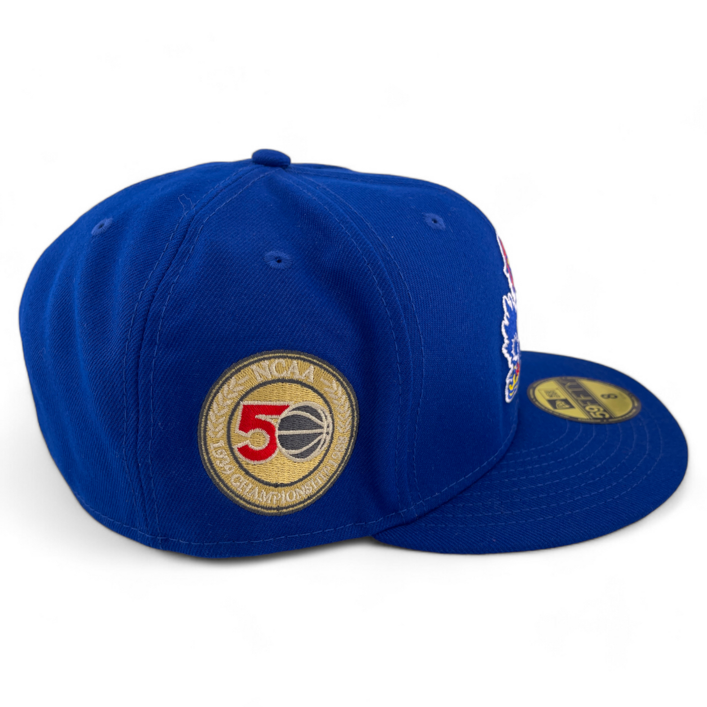 New Era Kansas University Jayhawks NCAA Blue 50th Patch 59Fifty Fitted Hat