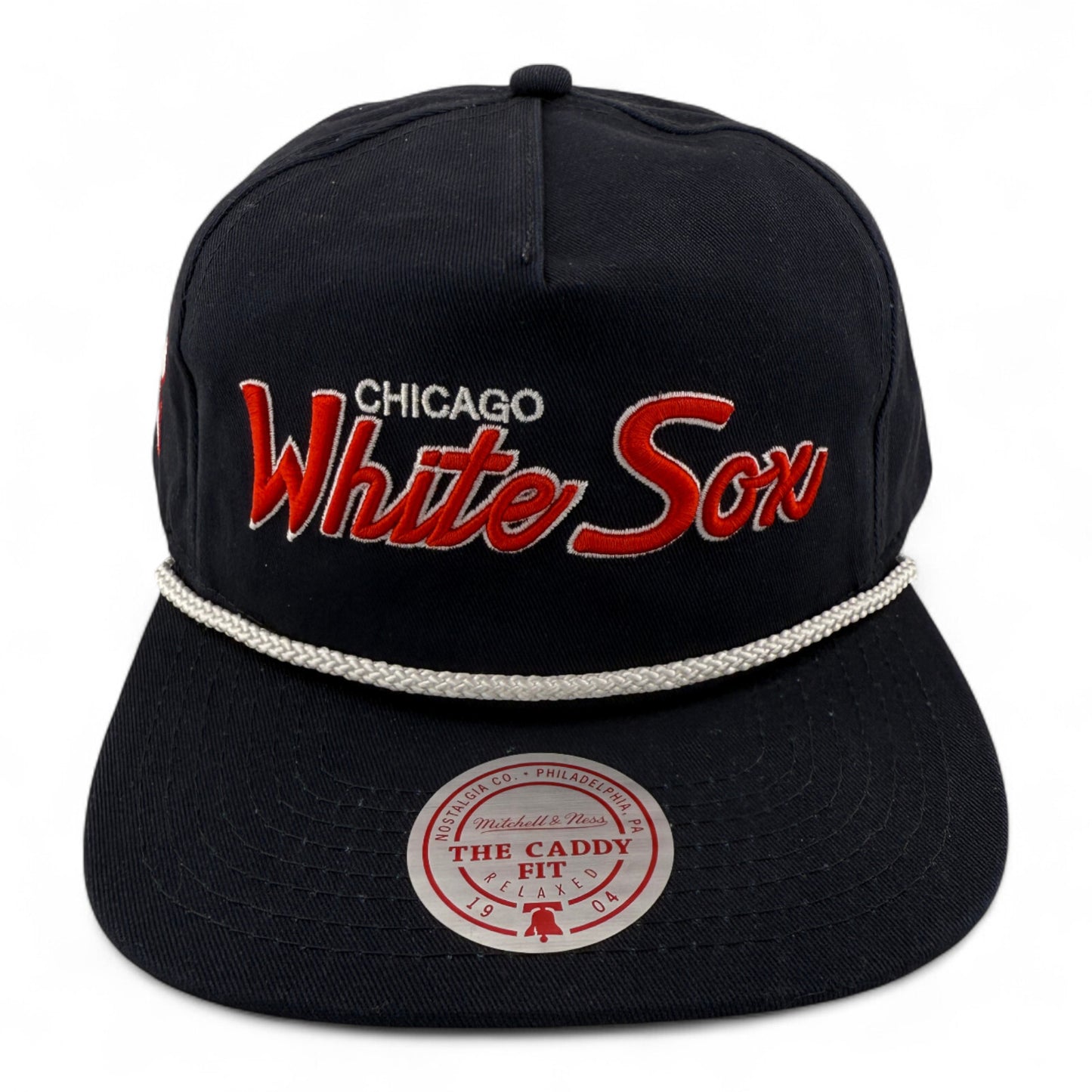 Mitchell & Ness Chicago White Sox Script A-Frame Rope Golfer Caddy Fit Snapback