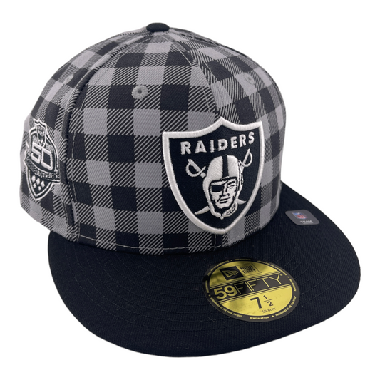 New Era Las Vegas Raiders Plaid Checkered 50 Year Side Patch 59FIFTY Fitted Hat Cap