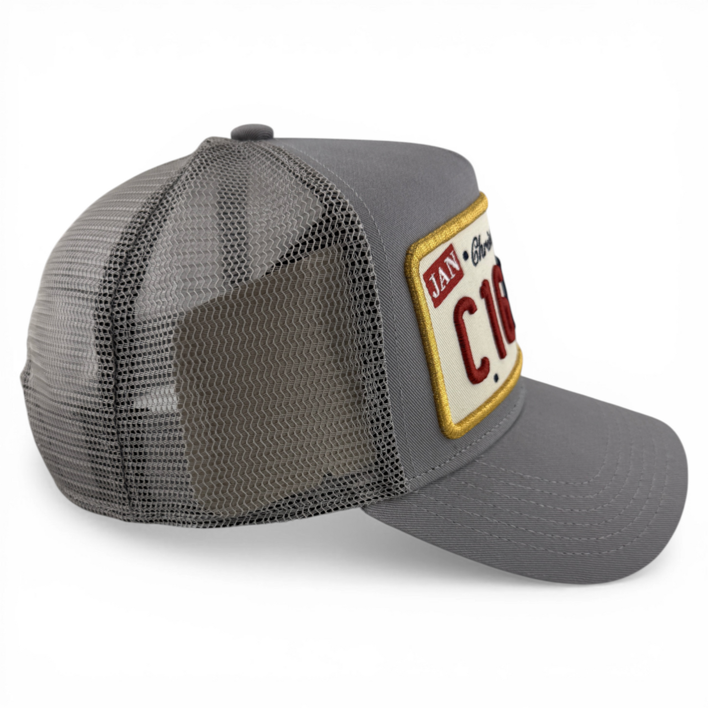 Christian Rose Iconic II London Plate Grey Trucker Mesh Back Adjustable Hat Cap