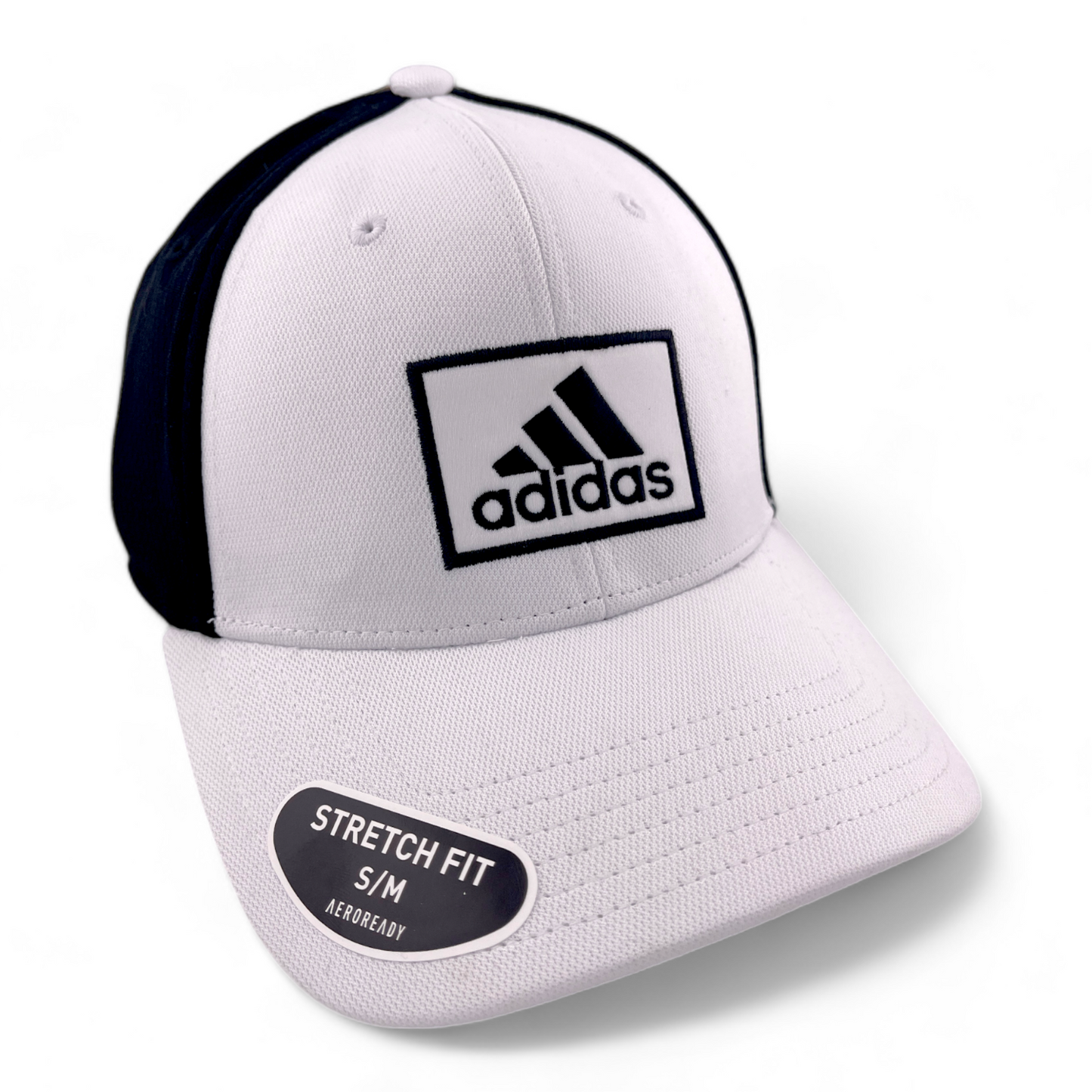 adidas Golf 2 Logo Black/White 3 Stripe Square Logo Stretch Fit Hat Cap Size S/M