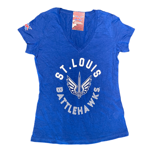 UFL XFL Official St. Louis Battlehawks Football V-Neck T-Shirt Blue Womens