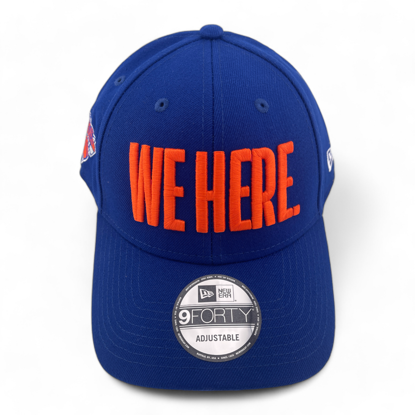 New Era New York Knicks “We Here” Blue Orange Patch 9Forty Adjustable Hat Cap