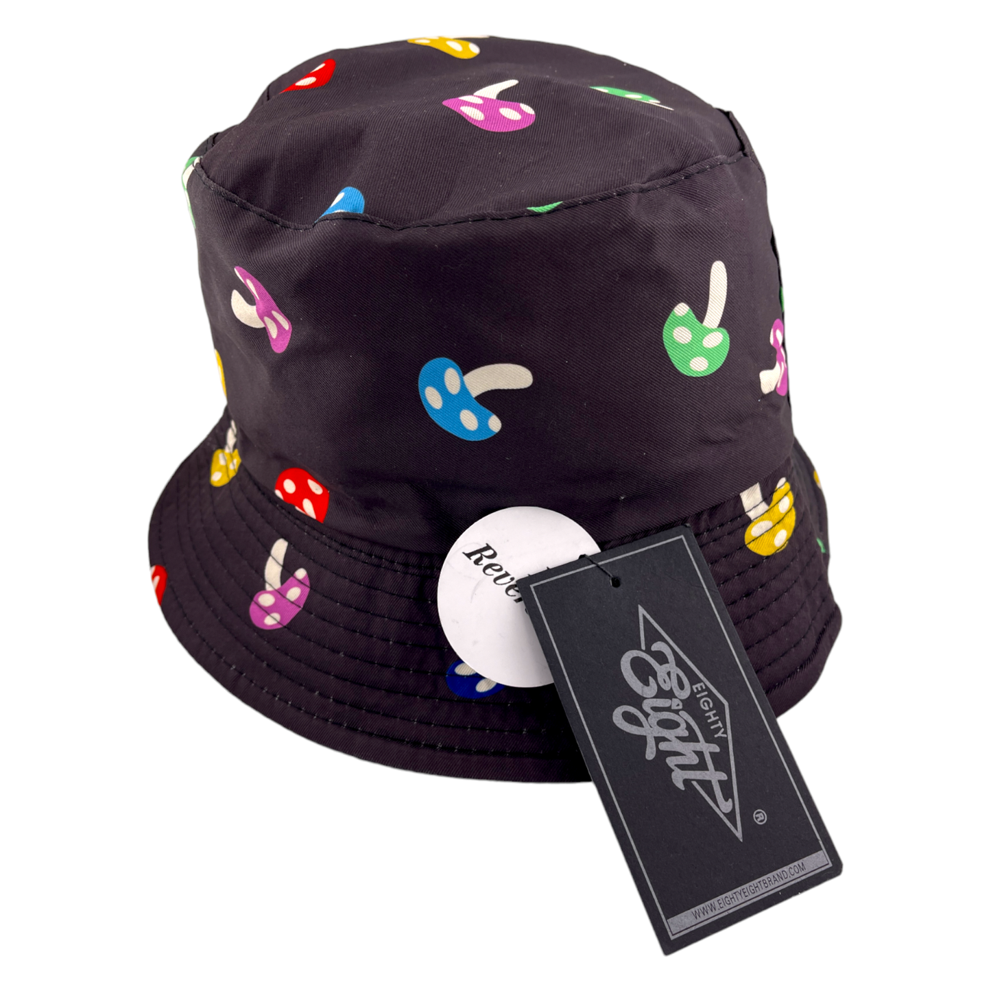 Eighty Eight Colorful Mushroom Print Black Bucket Hat Reversible Black One Size