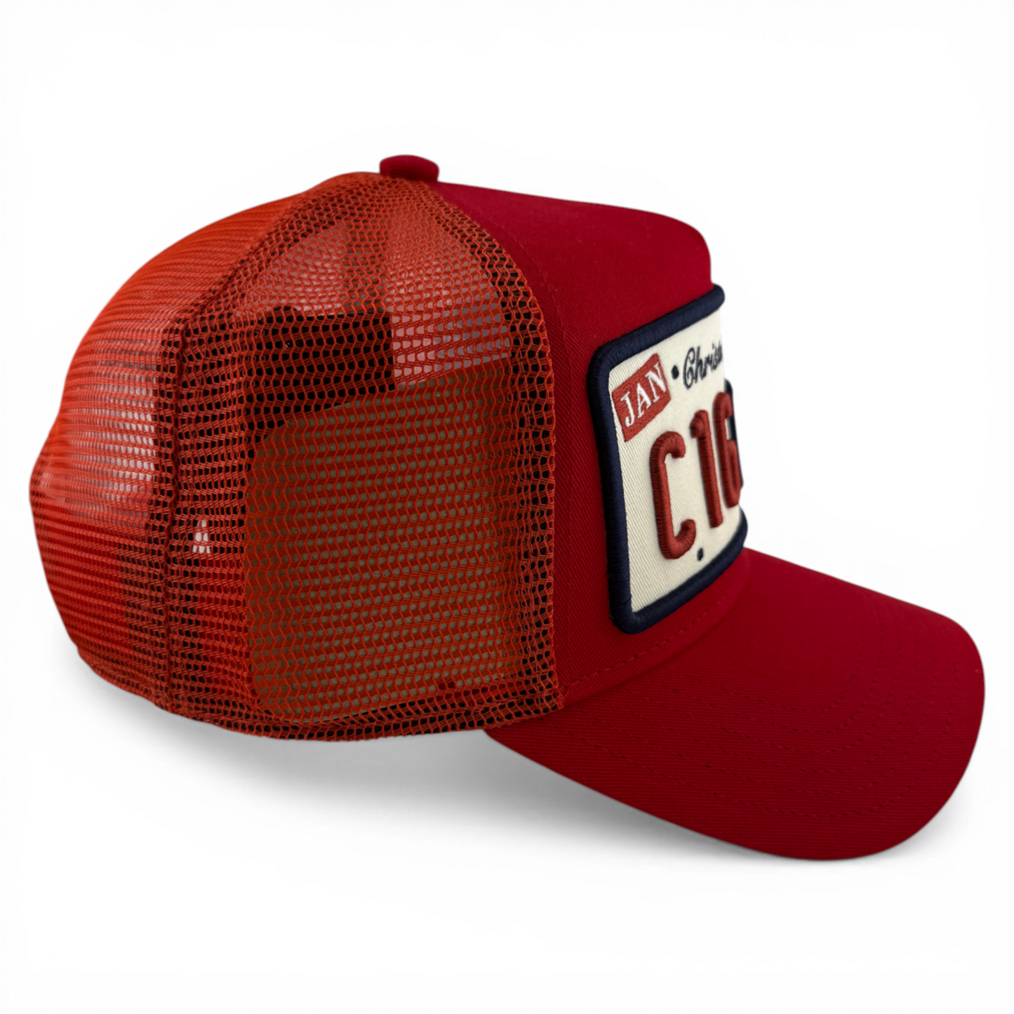Christian Rose Iconic II London Plate Red Mesh Back Trucker Adjustable Hat Cap
