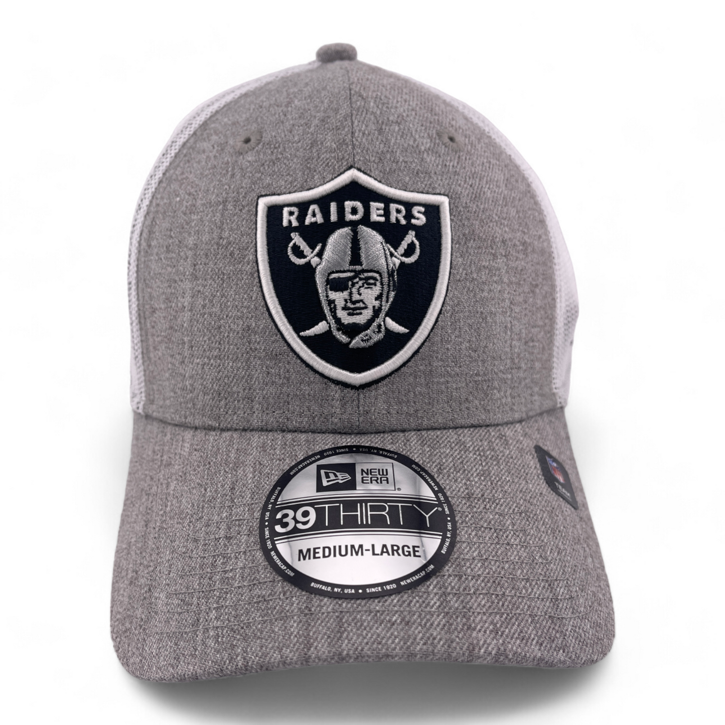 New Era Las Vegas Raiders NFL Heather Grey Mesh Back 39Thirty Flex Fit Hat Cap