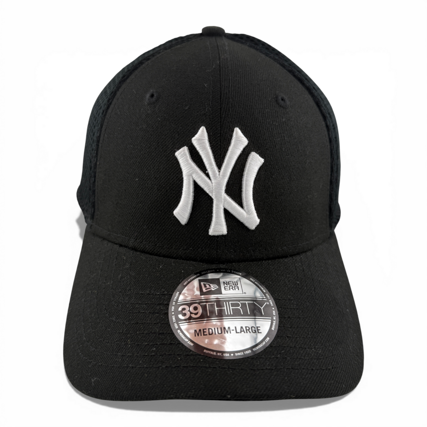 New Era New York Yankees MLB Black White Logo Neo Mesh 39Thirty Flex Fit Hat Cap