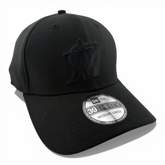 New Era Miami Marlins MLB All Blackout Blacked Out 39Thirty Flex Fit Hat Cap