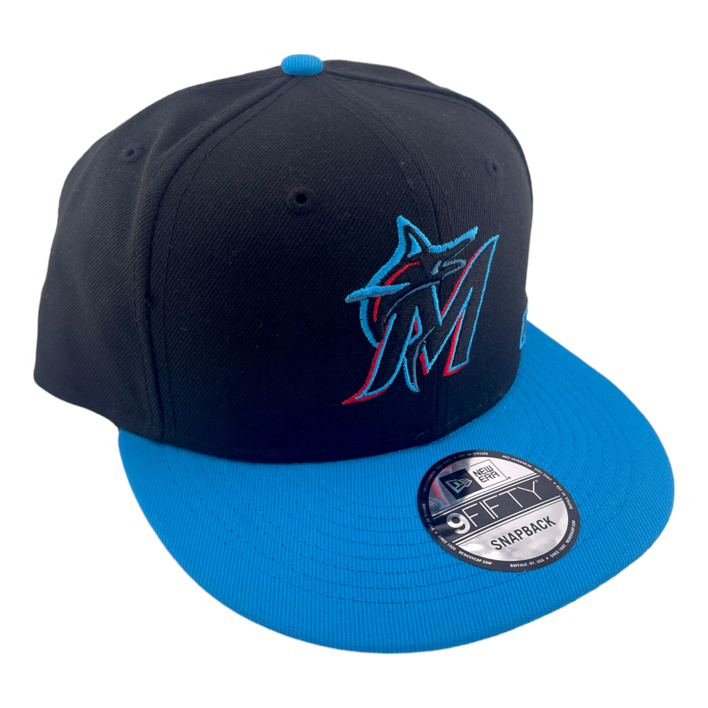 New Era Miami Marlins Back Arch Embroidery M Logo Black/Blue 9FIFTY Snapback Hat Cap