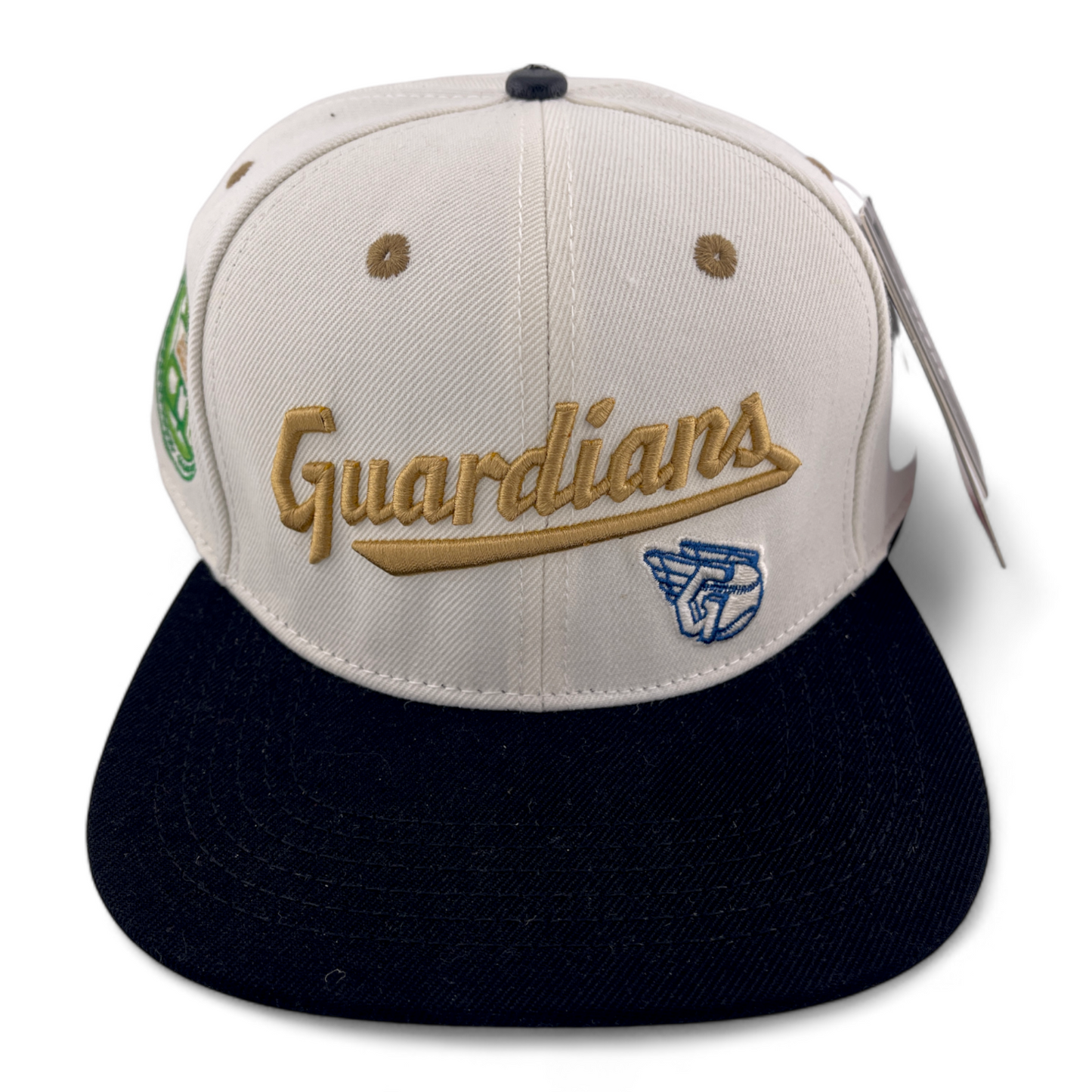 Pro Standard Cleveland Guardians Script Logo Side Patch Ivory/Gold Snapback Hat Cap