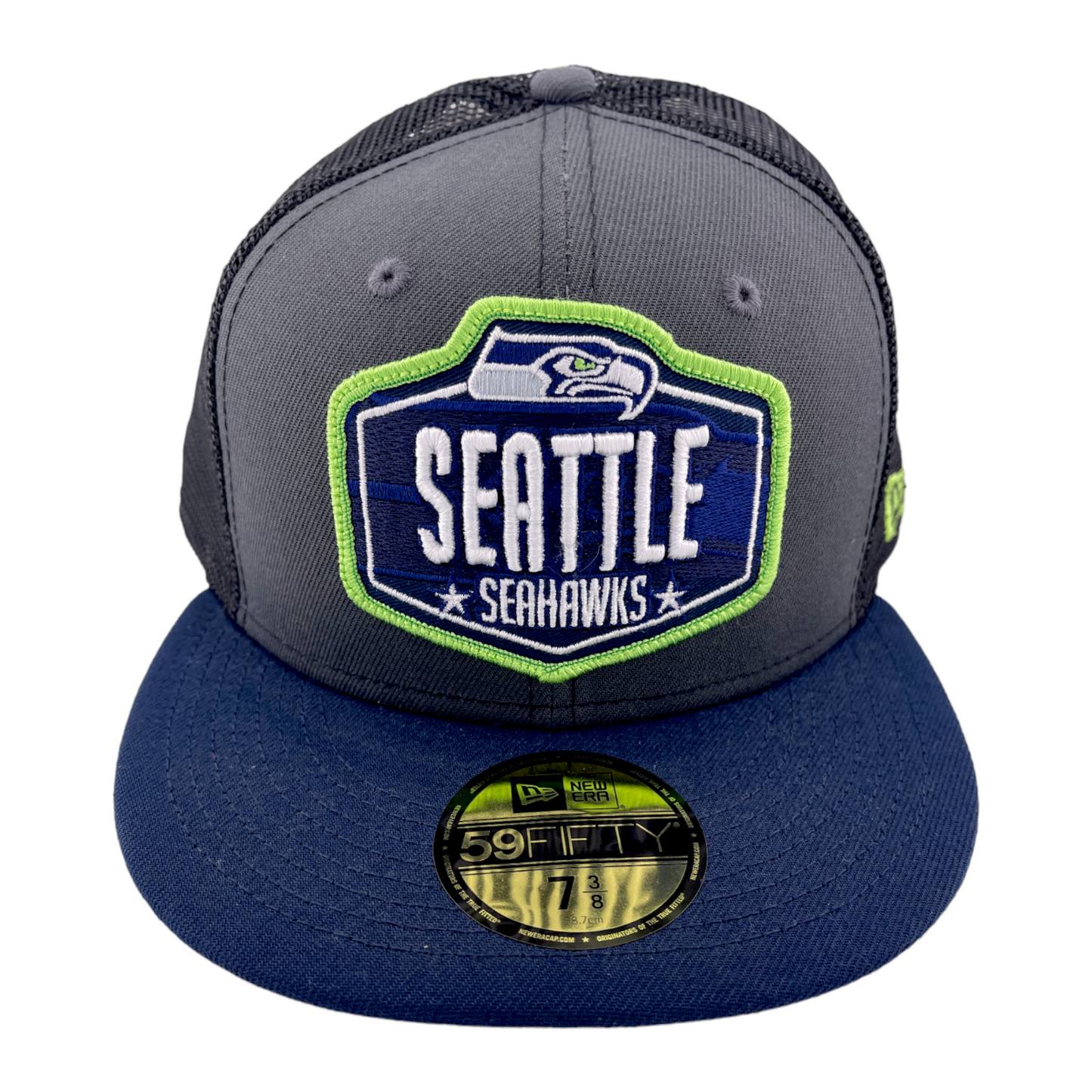 New Era Seattle Seahawks NFL 2021 Draft Mesh Back Trucker 59Fifty Fitted Hat Cap