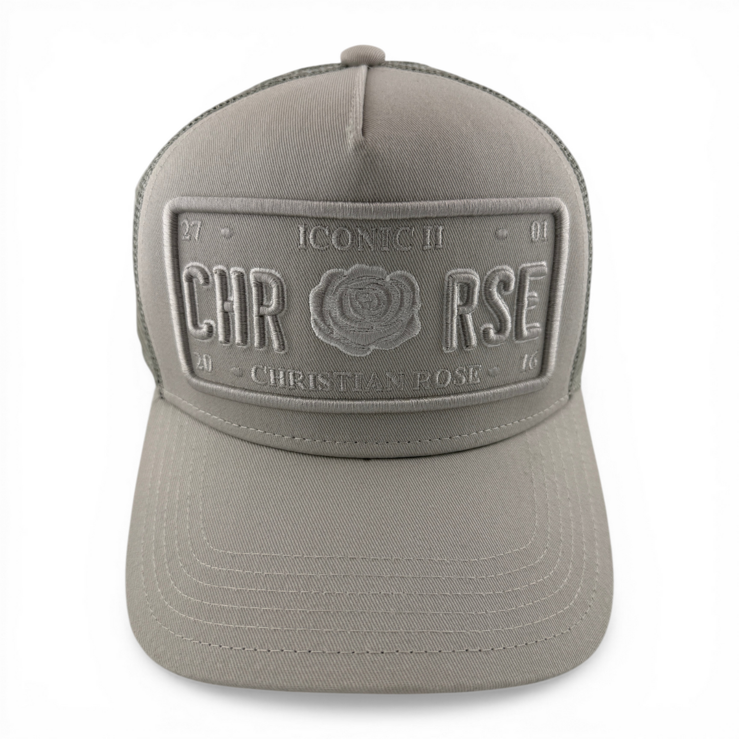 Christian Rose Iconic II London Plate Rose Grey Trucker Mesh Back Adjustable Hat