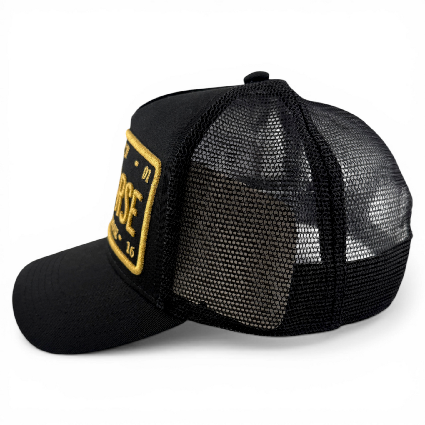 Christian Rose Iconic II London Plate Gold Trucker Mesh Back Adjustable Hat Cap